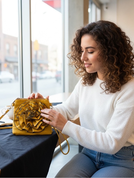 Handbags - Yellow Floral Applique Crossbody Bag with Adjustable Strap